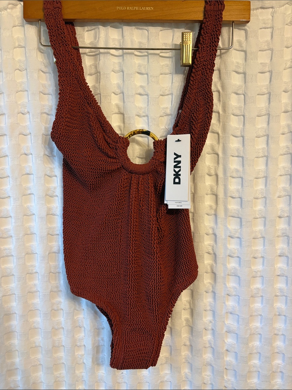 DKNY Rust Textured One-Piece with Gold Ring Detail - Picture 1 of 4
